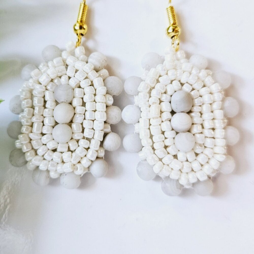 2/$27 | White Stone Shield Beaded Indigenous Hoop Earrings | Handmade